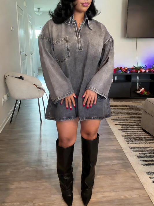 Oversized Washed Gray Denim Shirt Dress