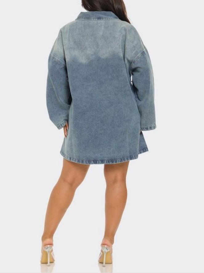 Oversized Washed Blue Denim Half-Zip Shirt Dress