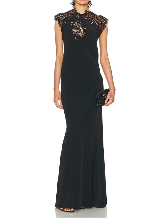 Embroidered Lace Yoke Black Sleeveless Maxi Dress