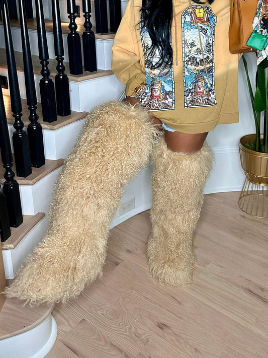 Beige Curly Fur Over-the-knee Boots