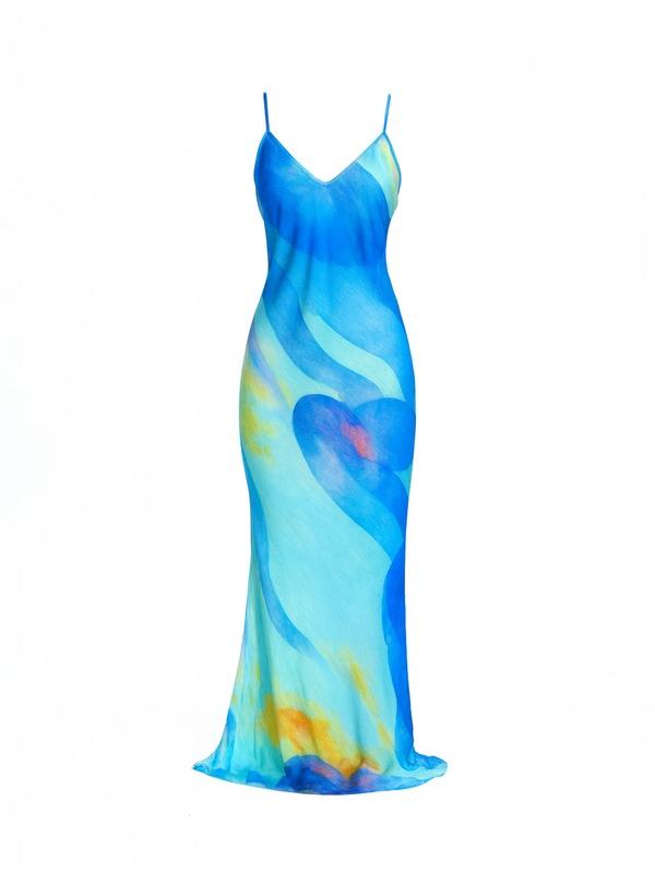 Turquoise Watercolor Print Cape & Slip Dress Two-Piece Formal Set