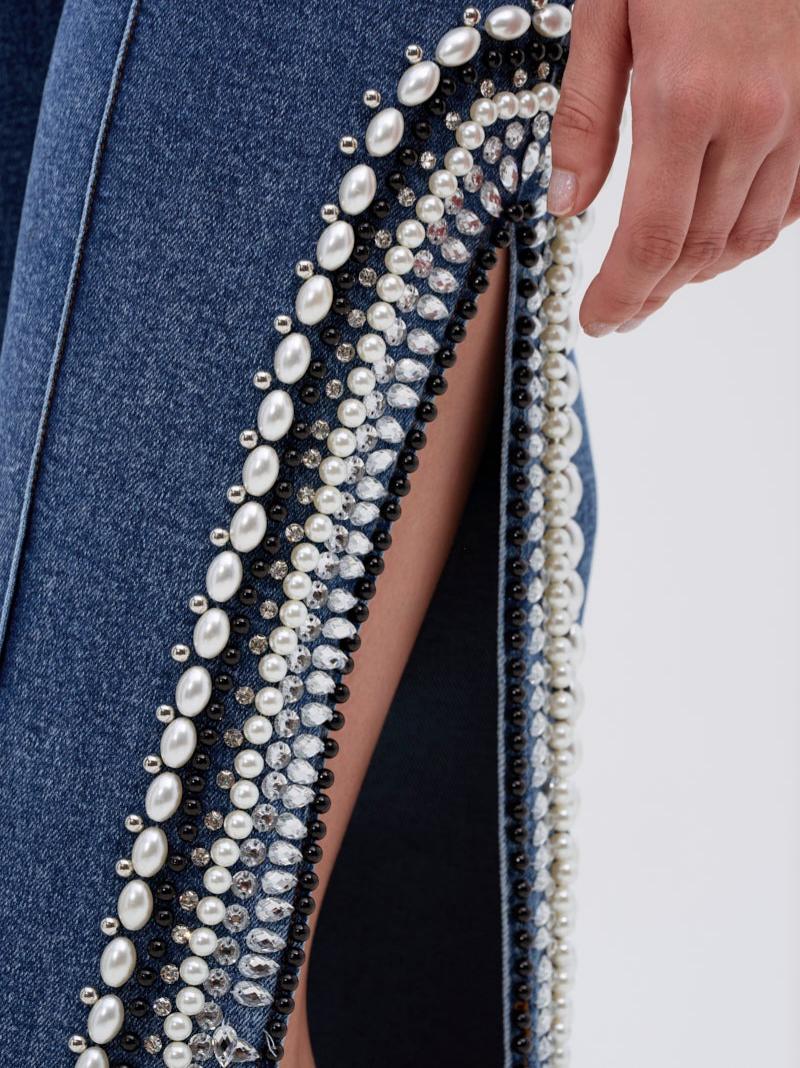 Y2K Pearl Embellished 2-Piece Set: Bodycon Denim Bodysuit + Side Slit Jeans