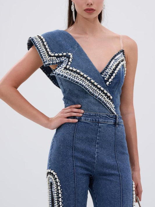 Y2K Pearl Embellished 2-Piece Set: Bodycon Denim Bodysuit + Side Slit Jeans
