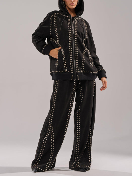 Black Studded Hoodie & Wide-Leg Pants 2-Piece Set