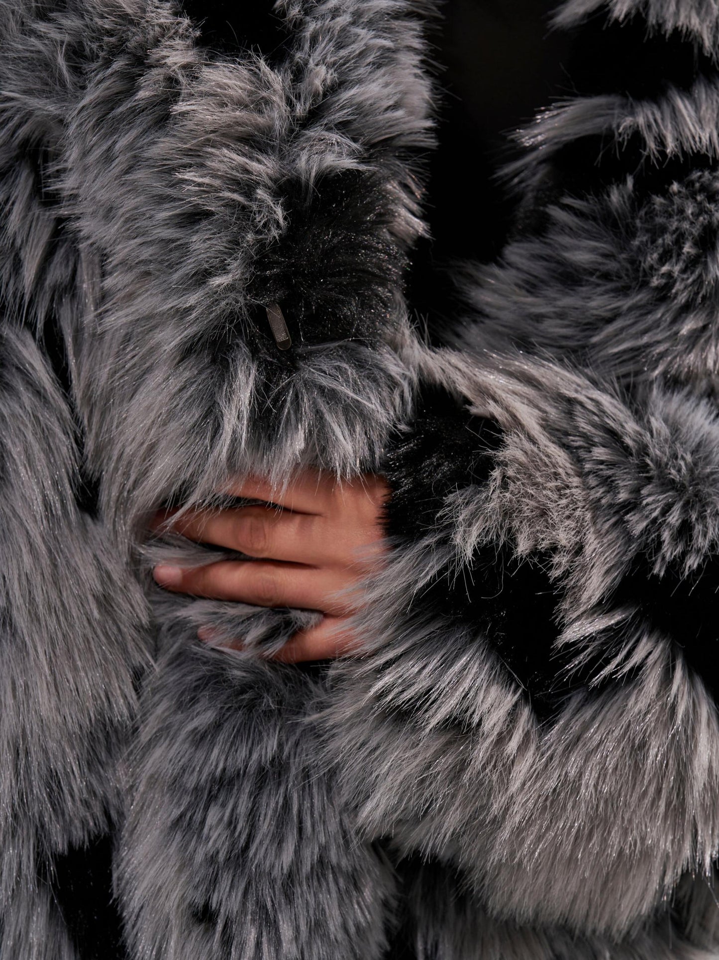 Edgy Chic Style Gray & Black Faux Fur Long Coat