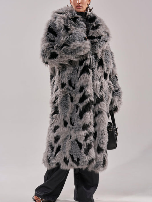 Edgy Chic Style Gray & Black Faux Fur Long Coat