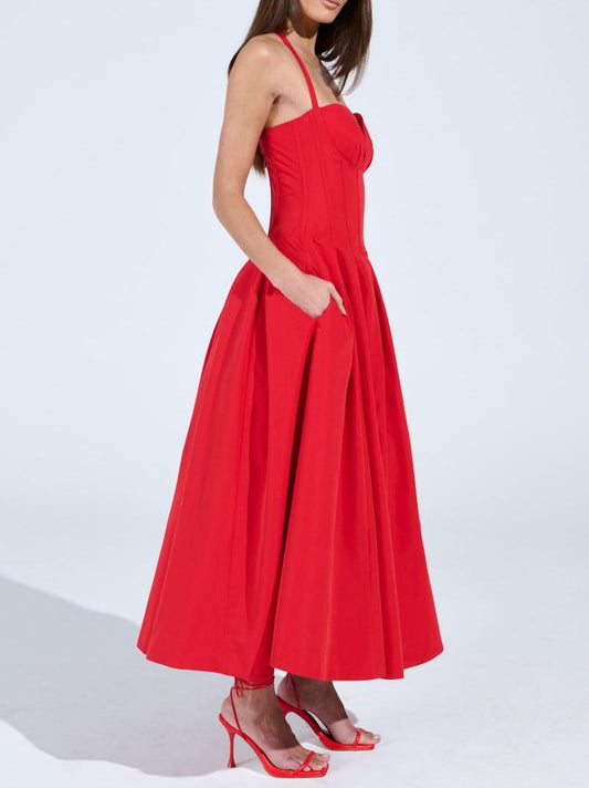 Bold Red Halter Neck Corset Midi Dress