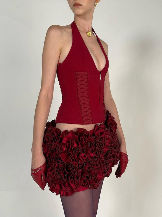 Burgundy Halter Neck Corset Top & Ruffled Mini Skirt Set