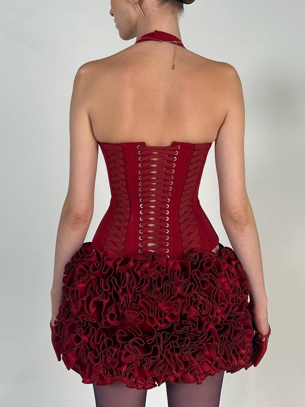 Burgundy Halter Neck Corset Top & Ruffled Mini Skirt Set