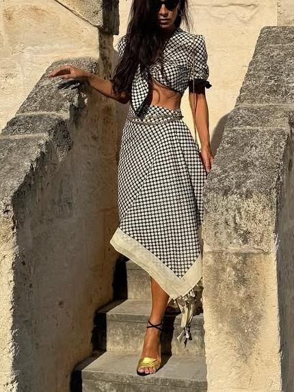 Stylish Polka - Dot Two - Piece Dress Set with Crop Top and Midi Skirt