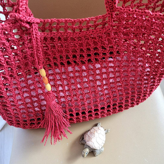 Stylish Beaded Tassel Red Crochet Tote Bag