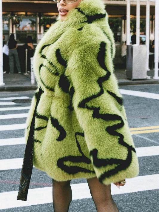 Neon Green Abstract Print Faux Fur Coat