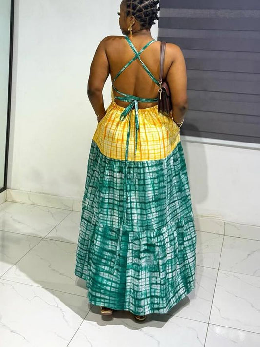 V-Neck Crisscross Back Color Block Plaid Maxi Dress