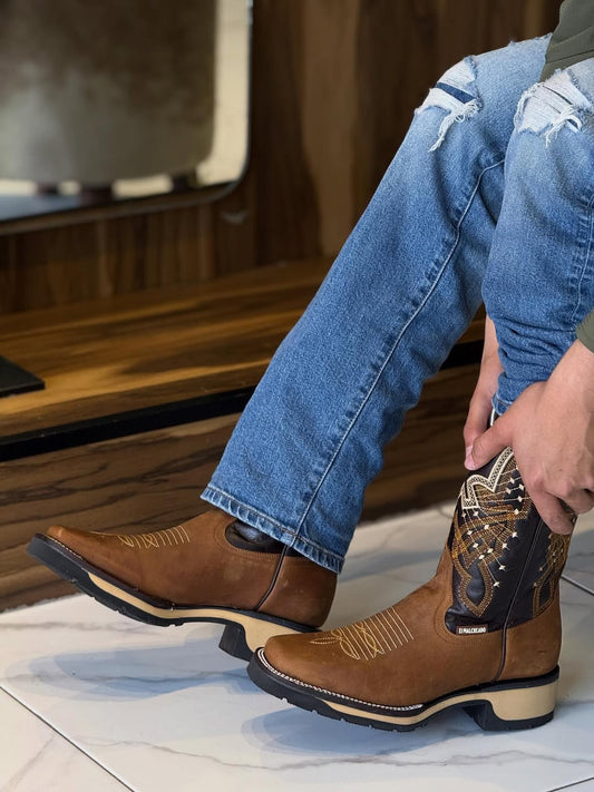 Men's Brown Embroidered Star Detail Cowboy Boots
