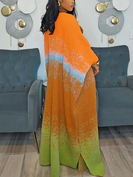 Gradient Color Block Print Oversized Open Front Knit Cardigan