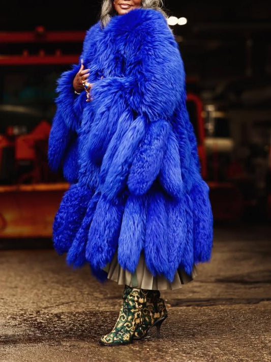 Luxury Royal Blue Fluffy Faux Fur Coat