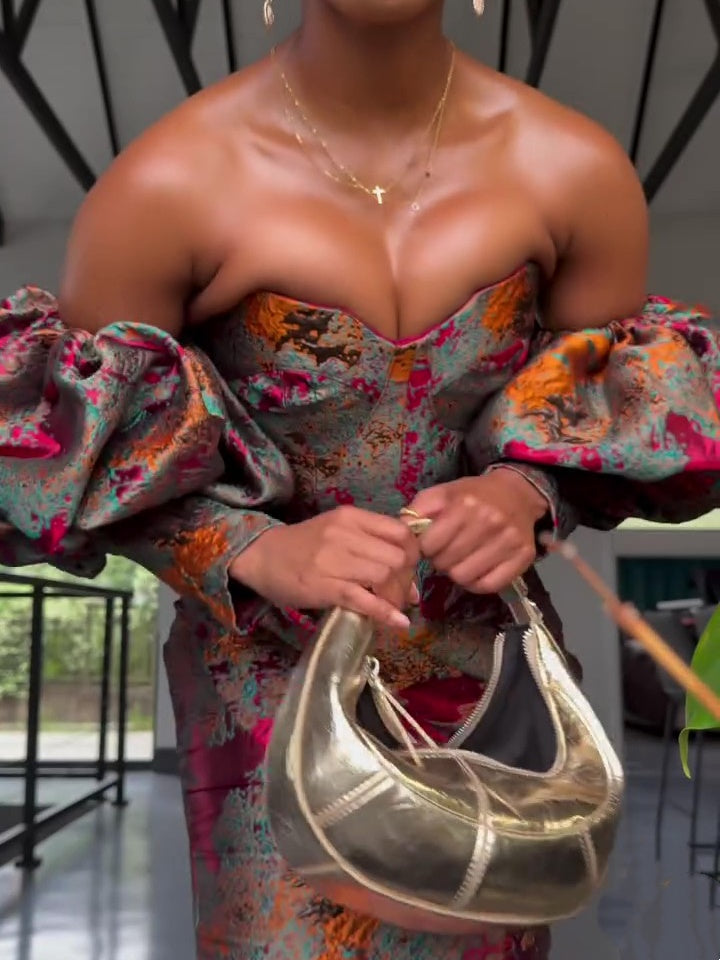 Glamorous Floral Brocade Off-Shoulder Flower-bud Sleeve Maxi Dress