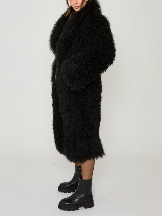 Luxury Black Curly Faux Fur Long Coat