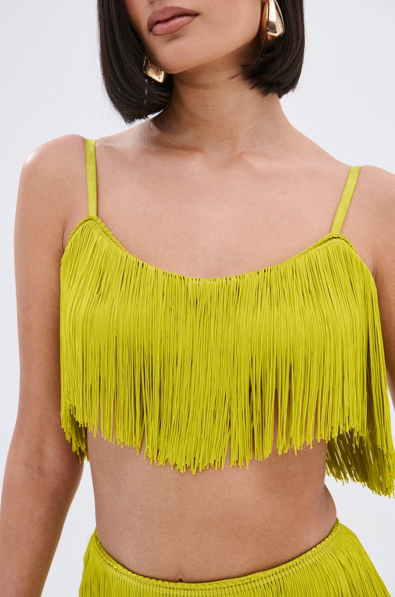 Lime Green Fringe Crop Top & Pants Two-Piece Set