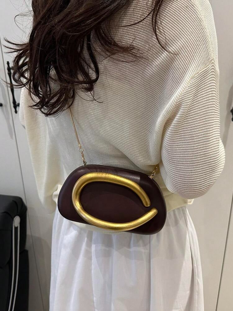 Gold Circular Accent & Chain Strap Clutch Bag
