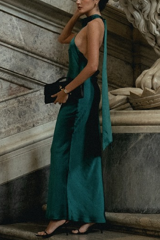 Emerald Green Silk Halter Maxi Dress