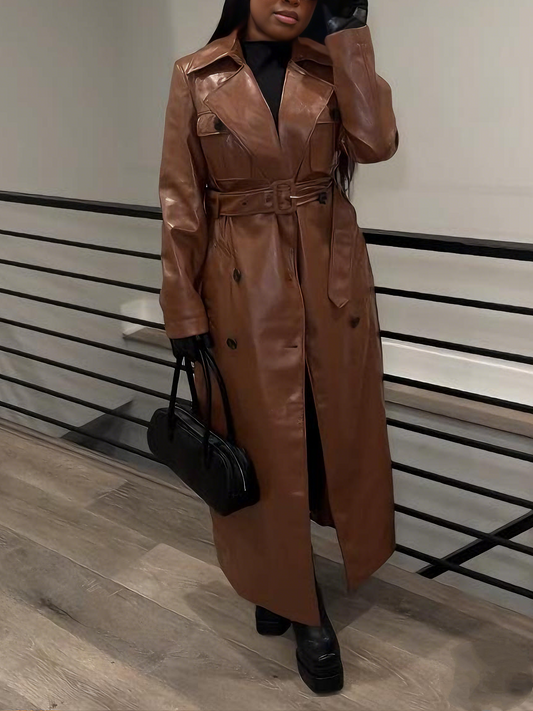 Belted Faux-Leather Trench Coat