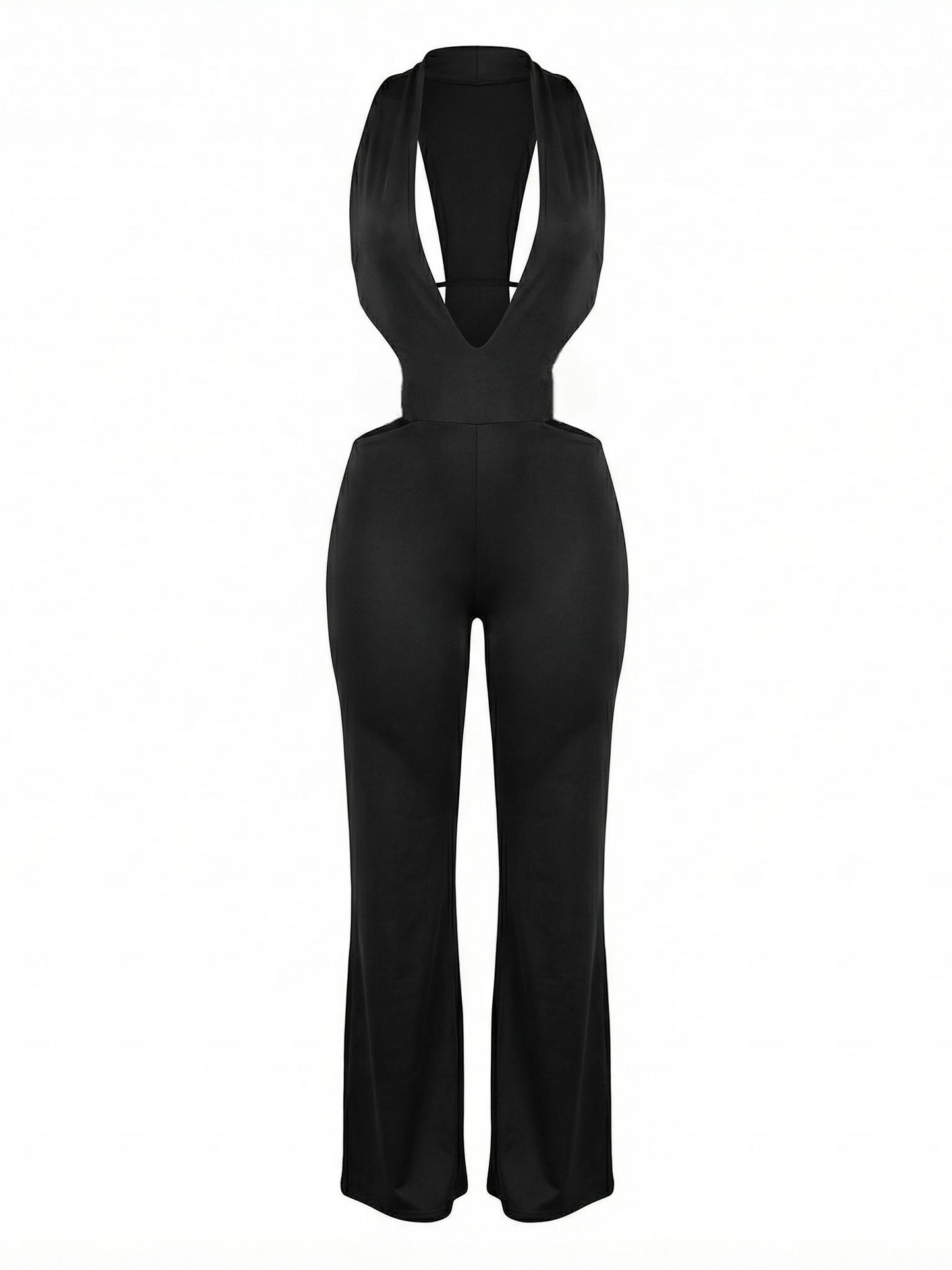 Black Deep Plunge Cutout Halter Neck Jumpsuit