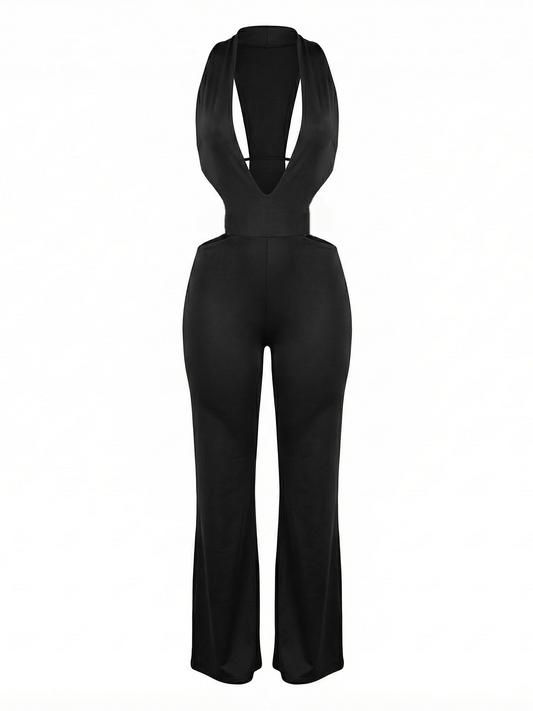 Black Deep Plunge Cutout Halter Neck Jumpsuit