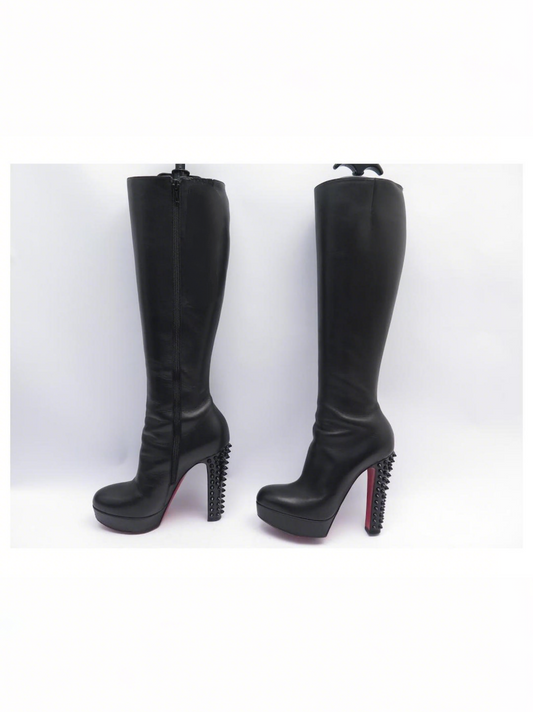 Black Leather Knee-High Boots with Studded Spike Heels