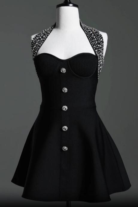 Black Rhinestone Halter Neck Bustier Mini Dress