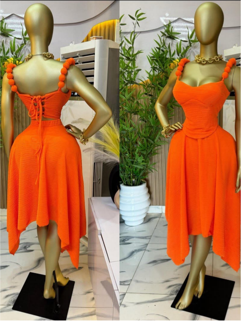 Orange Bubble Strap Asymmetrical Hem Midi Skirt 2-piece Set