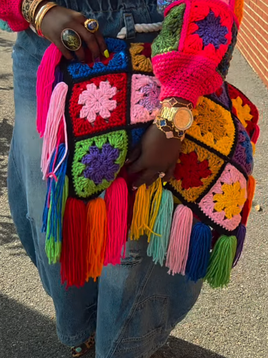 Knitted Flower Tassel Tote