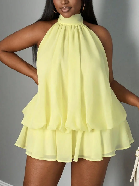 Pastel Yellow Halter Neck Backless Ruffle Mini Dress