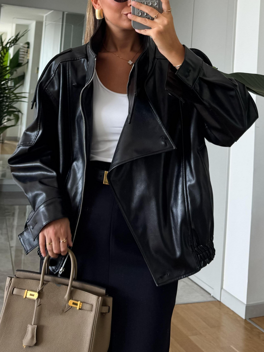 Stand Collar Oversize Leather Jacket