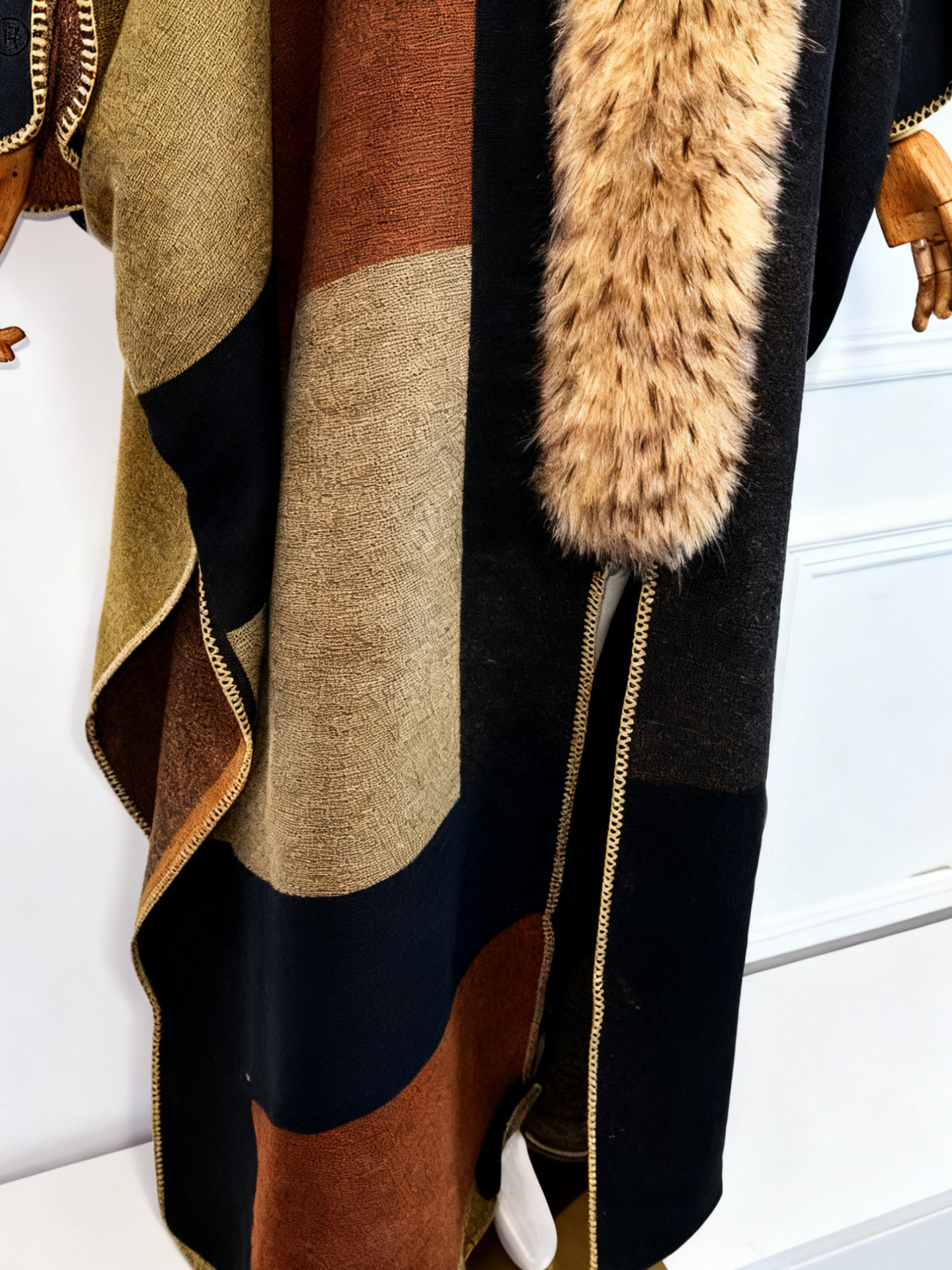 Removable Faux Fur Color Block Poncho