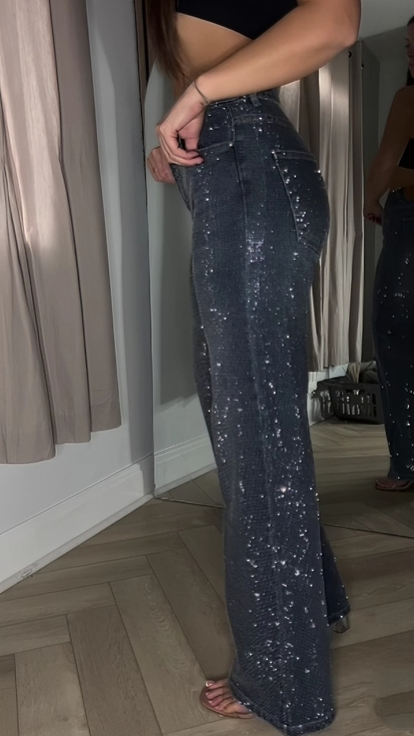 Dark Blue Diamanté Wide Leg Sparkle Covered Jeans