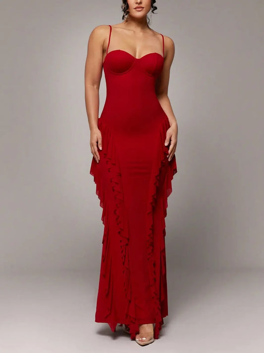 Romantic Date Camisole Red Floral Ruffle Backless Slim Fit Maxi Dress