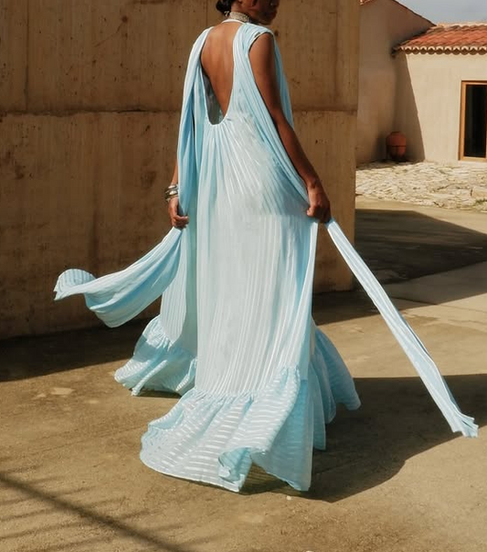 Ethereal Light Blue Pleated Maxi Dress