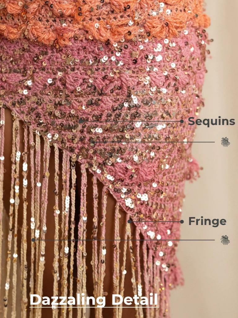 Pink Ombre Sequin Halter Cutout Fringe Maxi Dress