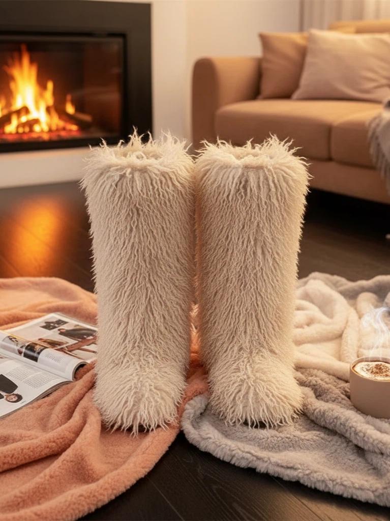Ivory Oversized Fluffy Knee-high Boots