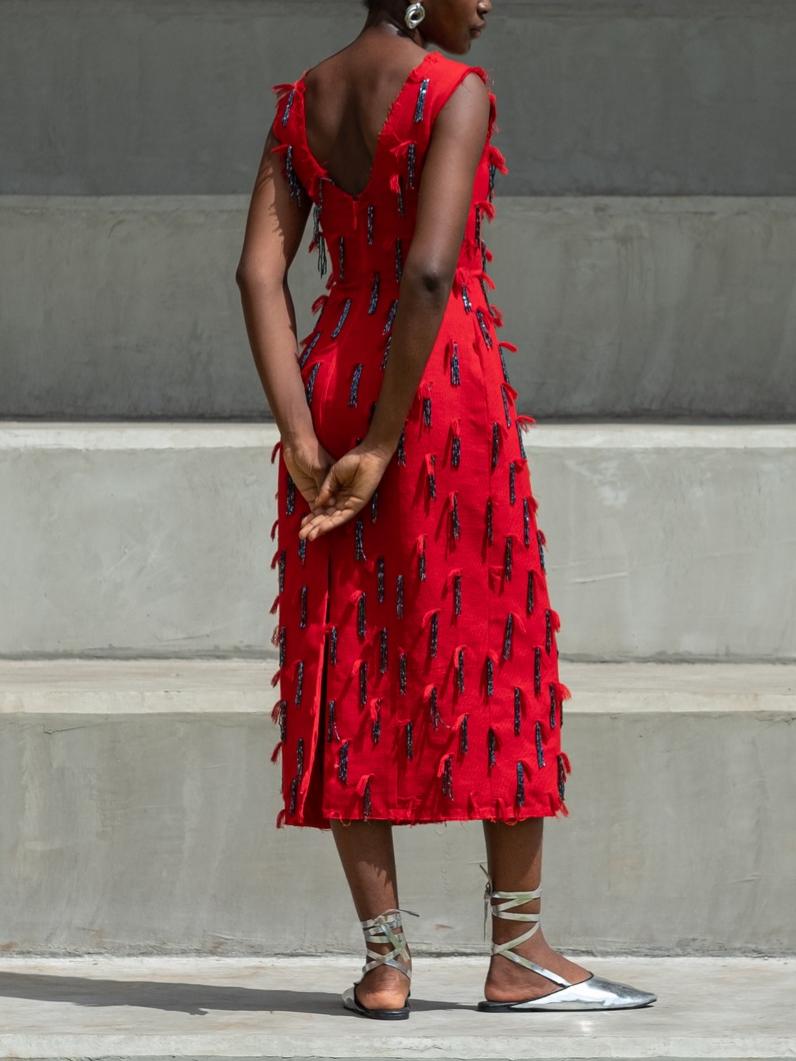 Vibrant Red Hand Embroidered Tassel and Fringed Glass Beads Midi Dress