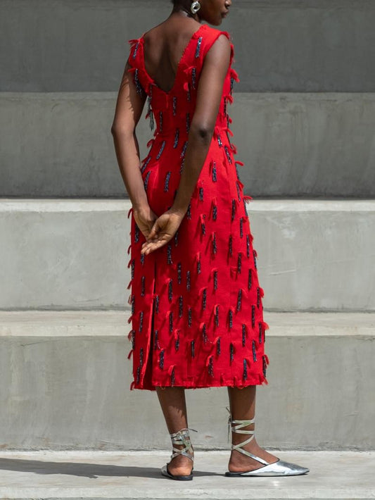 Vibrant Red Hand Embroidered Tassel and Fringed Glass Beads Midi Dress