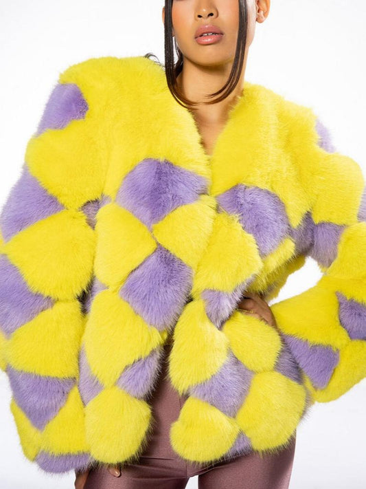 Vibrant Color Block Faux Fur Coat