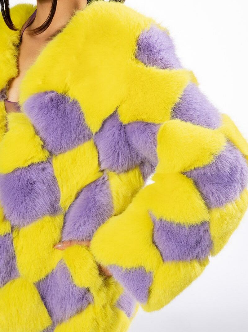 Vibrant Color Block Faux Fur Coat