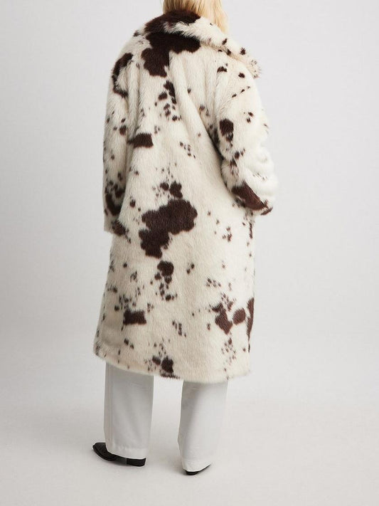 Y2K Retro Aesthetic Cow Print Faux Fur Long Coat