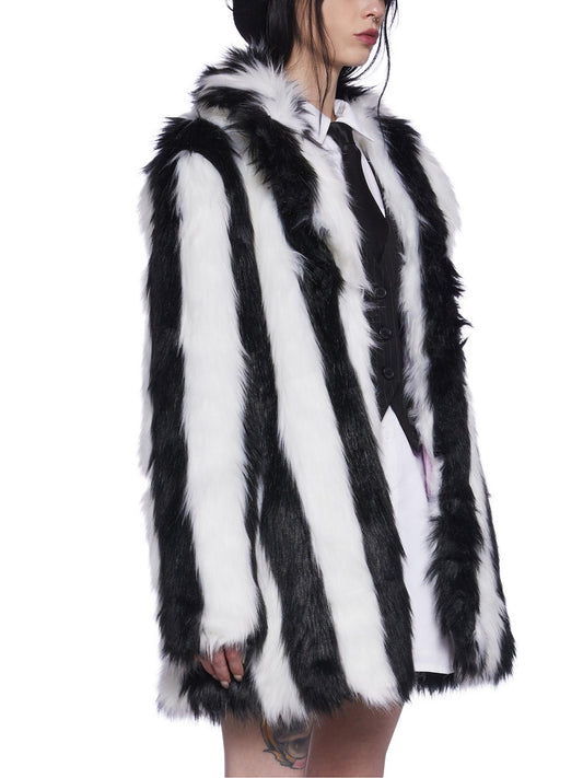 Bold Black & White Striped Faux Fur Coat