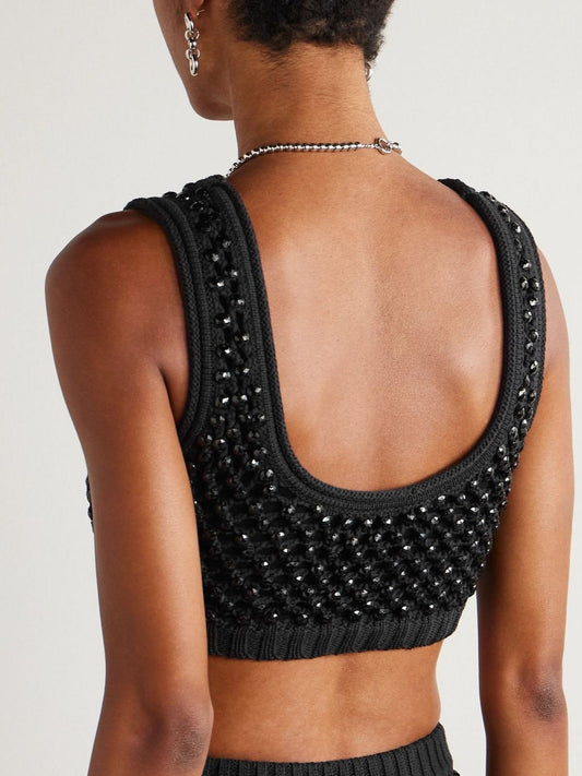 Black Cropped Rhinestone-embellished Crocheted Cotton-blend Top