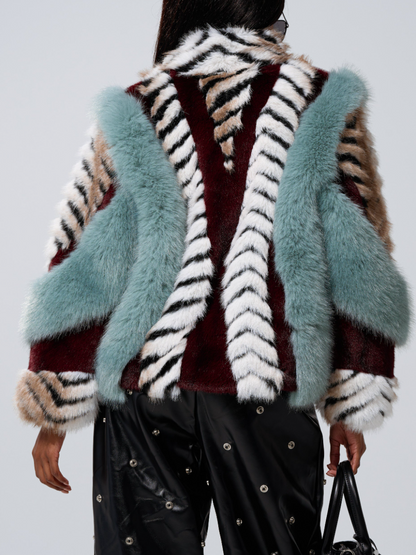Multicolor Patchwork Cropped Fur Coat