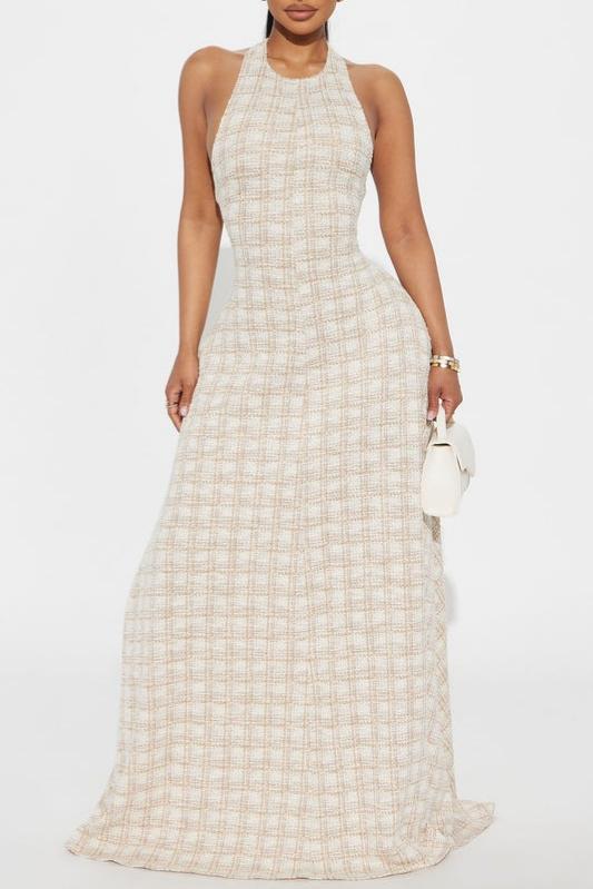 Classic Plaid Halter Neck Back-Tie Maxi Dress
