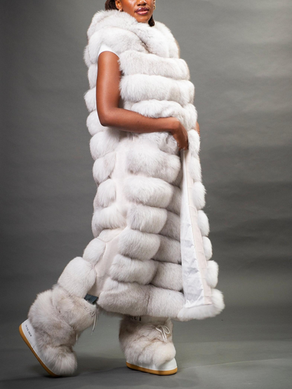 Stylish Long White Fox Fur Vest With Hood